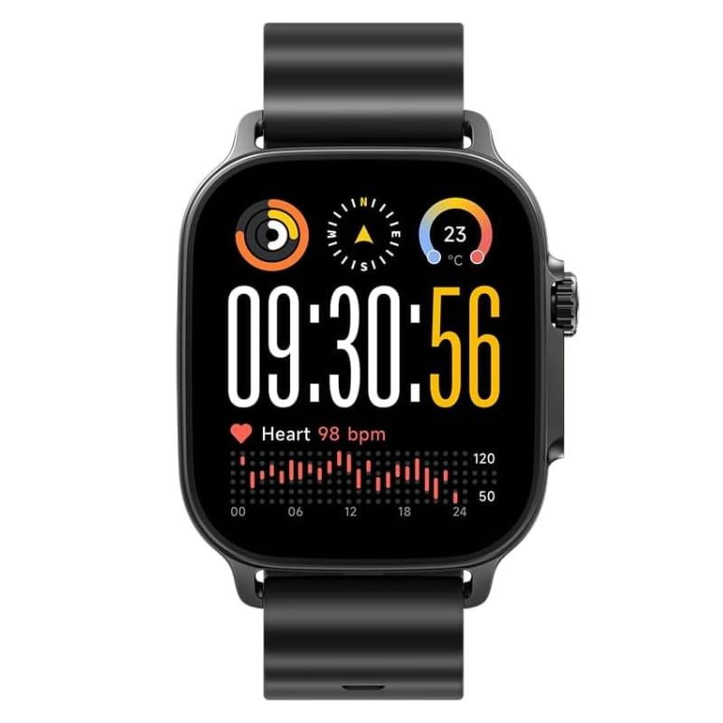 Realme Watch 5 Preto com caixa quadrada, tela colorida grande, pulseira silicone preta, mostrador digital com hora, batimentos e gráficos, botão lateral