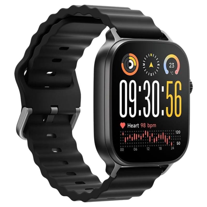 Realme Watch 5 Preto com caixa quadrada, tela colorida grande, pulseira de silicone ondulada, mostradores com hora, batimentos, clima e gráficos de saúde