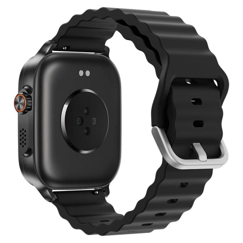 Realme Watch 5 Preto com caixa quadrada preta, pulseira silicone ondulada, fivela metálica prateada, sensores traseiros e botão lateral com aro laranja