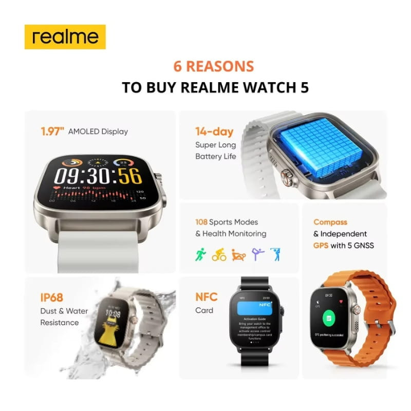 Realme Watch 5 Preto com tela AMOLED 1,97 pol, pulseira esportiva, IP68, GPS 5 GNSS, NFC e 16 dias de bateria; modos esportivos e saúde
