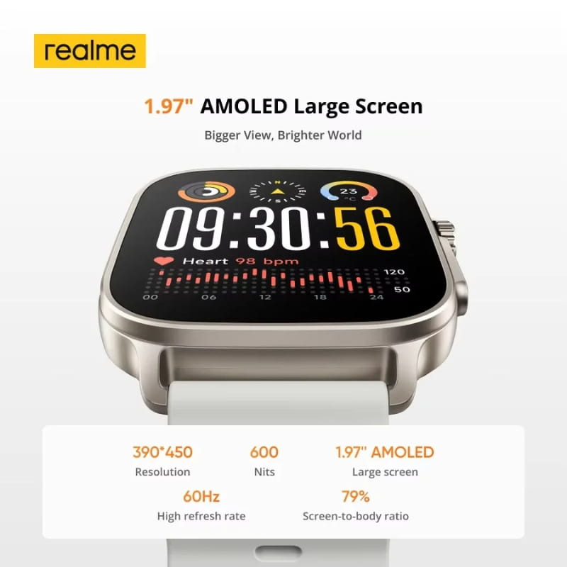 Relógio inteligente Realme Watch 5 preto com tela AMOLED 1,97, bordas finas, mostrador colorido, frequência cardíaca, pulseira clara e design premium