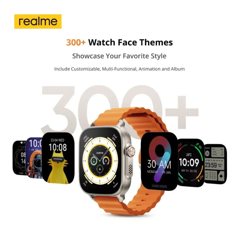 Realme Watch 5 Prata com mostrador retangular, pulseira de silicone cinza, tela colorida com relógio digital, batimentos cardíacos e widgets de clima