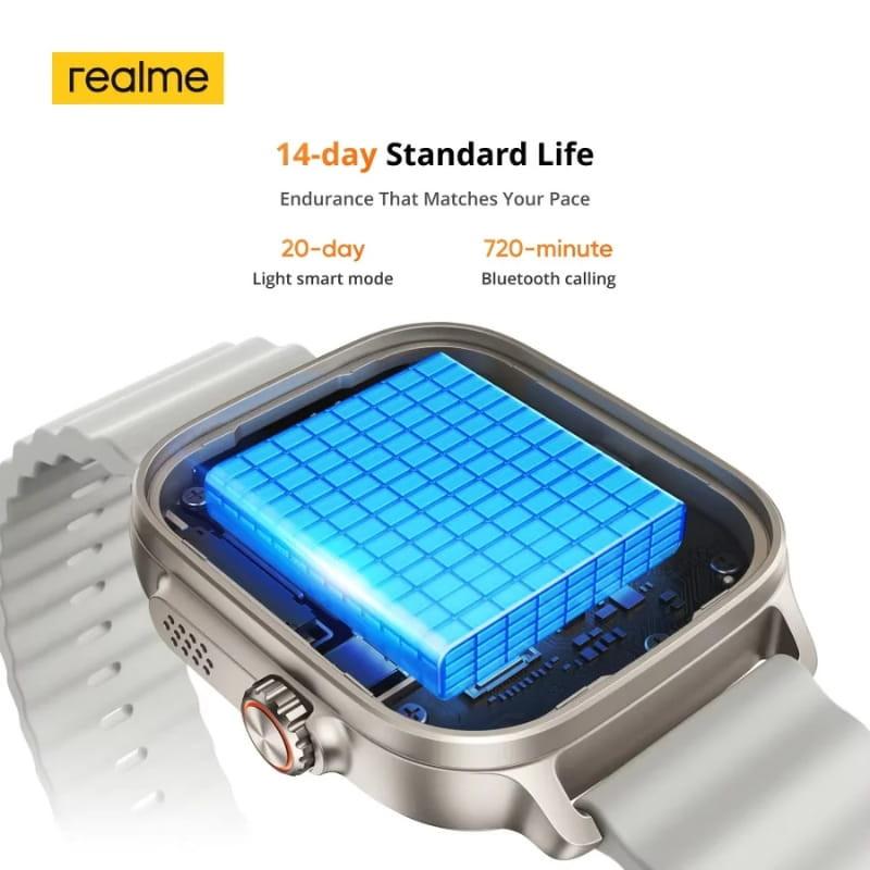 Realme Watch 5 Prata GPS independente IP68 - Relógio inteligente com caixa metálica prata, coroa laranja, sensores traseiros e pulseira silicone ondulada