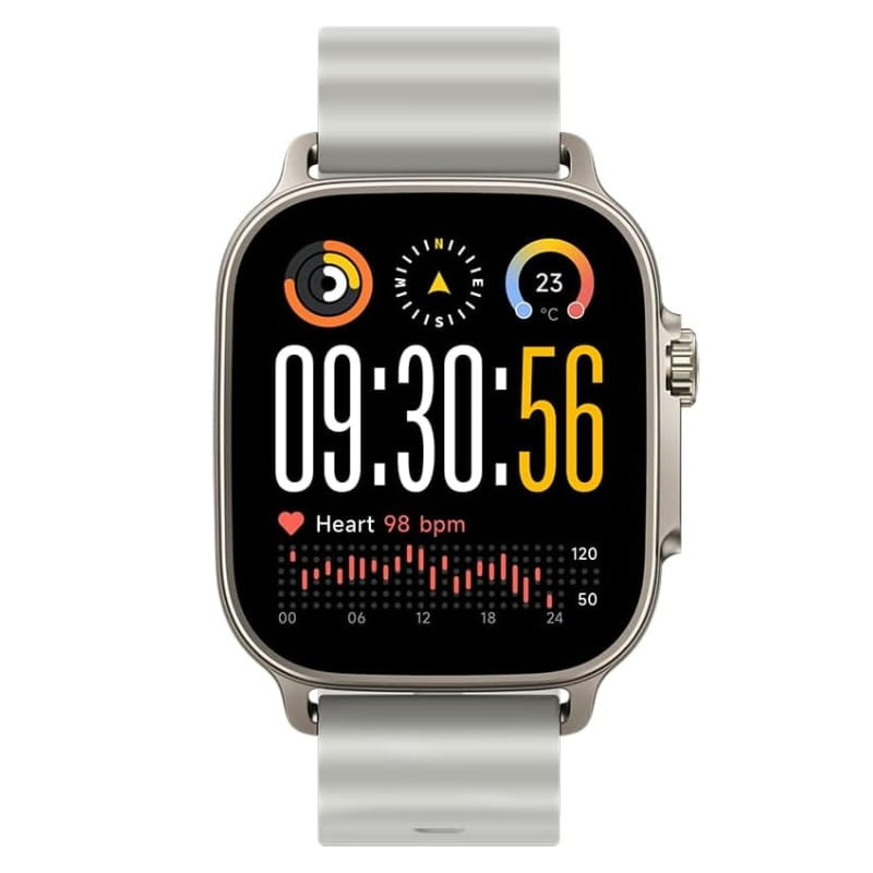 Realme Watch 5 Prata com tela AMOLED 1,97, caixa metálica prateada, pulseira de silicone clara, botão lateral, mostrador esportivo e bordas arredondadas