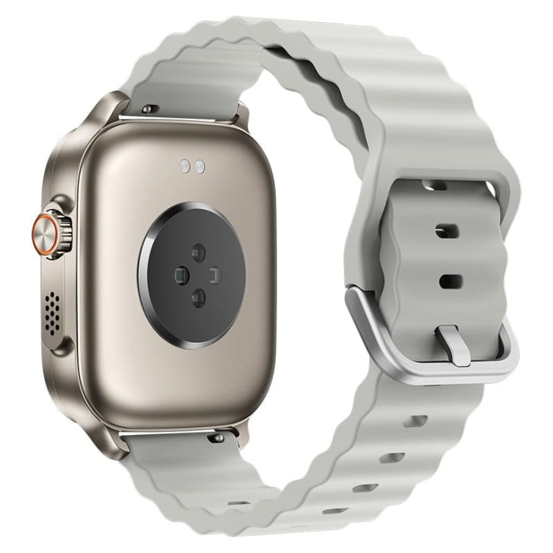 Realme Watch 5 Prata com tela AMOLED 1,97 pol, bordas arredondadas, mostrador colorido, pulseira clara, botões laterais e resistência IP68 com GPS