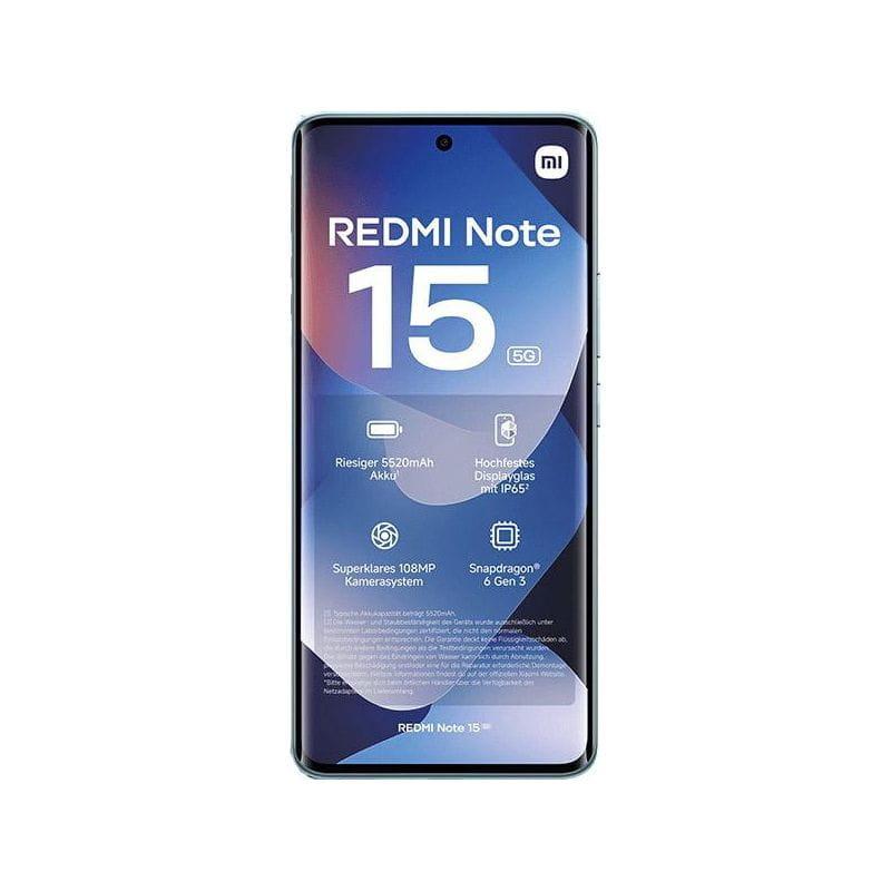 Xiaomi Redmi Note 15 5G azul com tela AMOLED bordas finas, furo central para câmera, destaque para 108MP, Snapdragon 6 Gen 3, bateria 5520mAh e 8GB/256GB