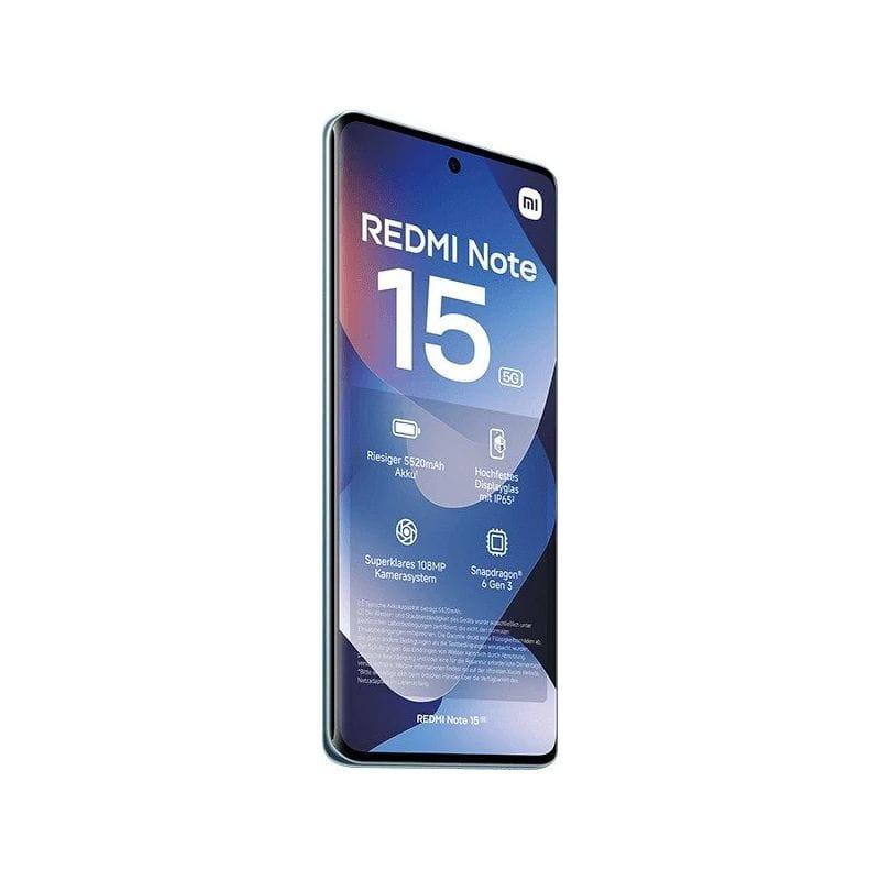 Xiaomi Redmi Note 15 5G 8GB/256GB Azul com tela ampla de bordas finas, furo central para câmera frontal e acabamento azul metálico elegante