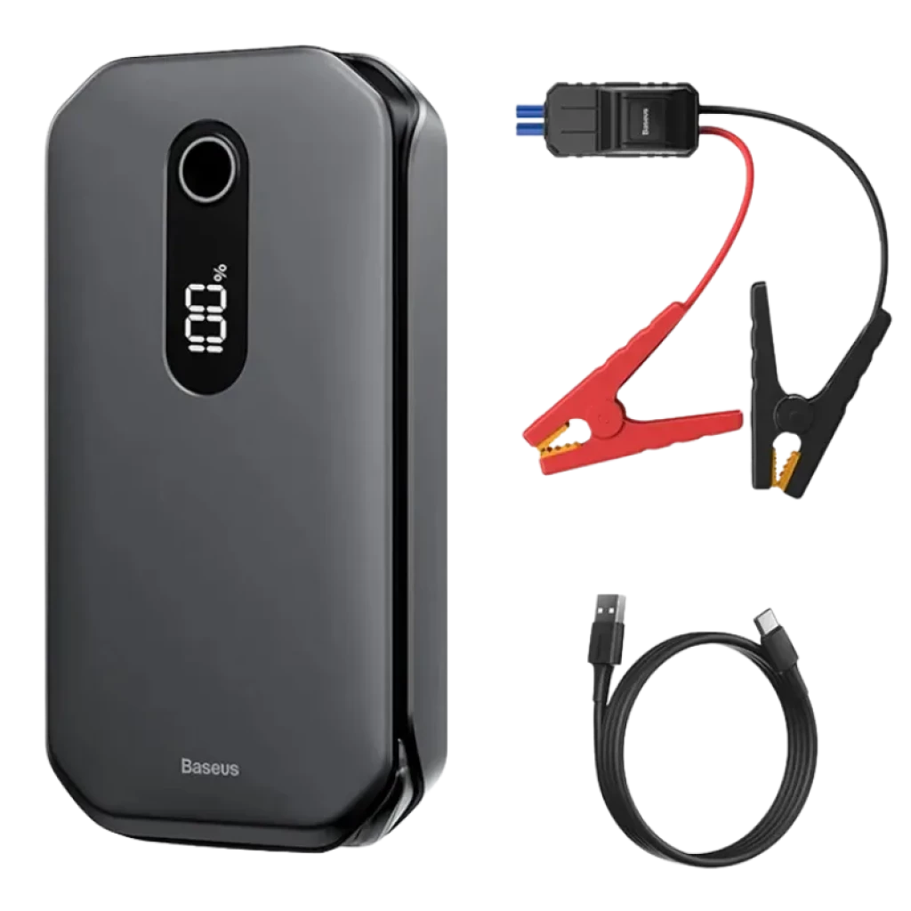 Baseus Super Energy Car Jump Starter 12000mAh 1000A con pantalla LED 100%, pinzas rojas y negras, puerto USB y cable de carga