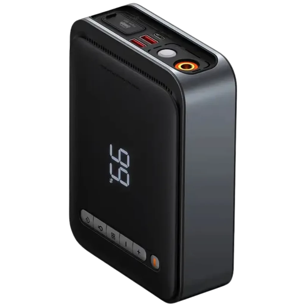 Arrancador y compresor 2 en 1 compacto en negro, pantalla LED grande, puertos USB rojos, botón de encendido iluminado y controles frontales con iconos