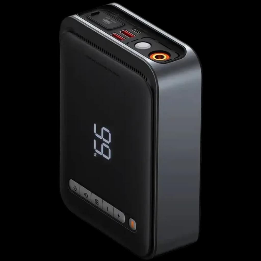 Arrancador y compresor 2 en 1 compacto en negro, pantalla LED grande, puertos USB rojos, botón de encendido iluminado y controles frontales con iconos