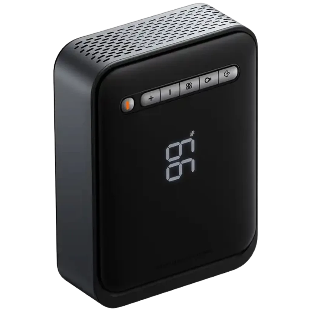 Baseus Super Energy Car Jump Starter 8000 mAh 1000 A con pantalla LED frontal, botones superiores y carcasa negra compacta; power bank y compresor 2 en 1