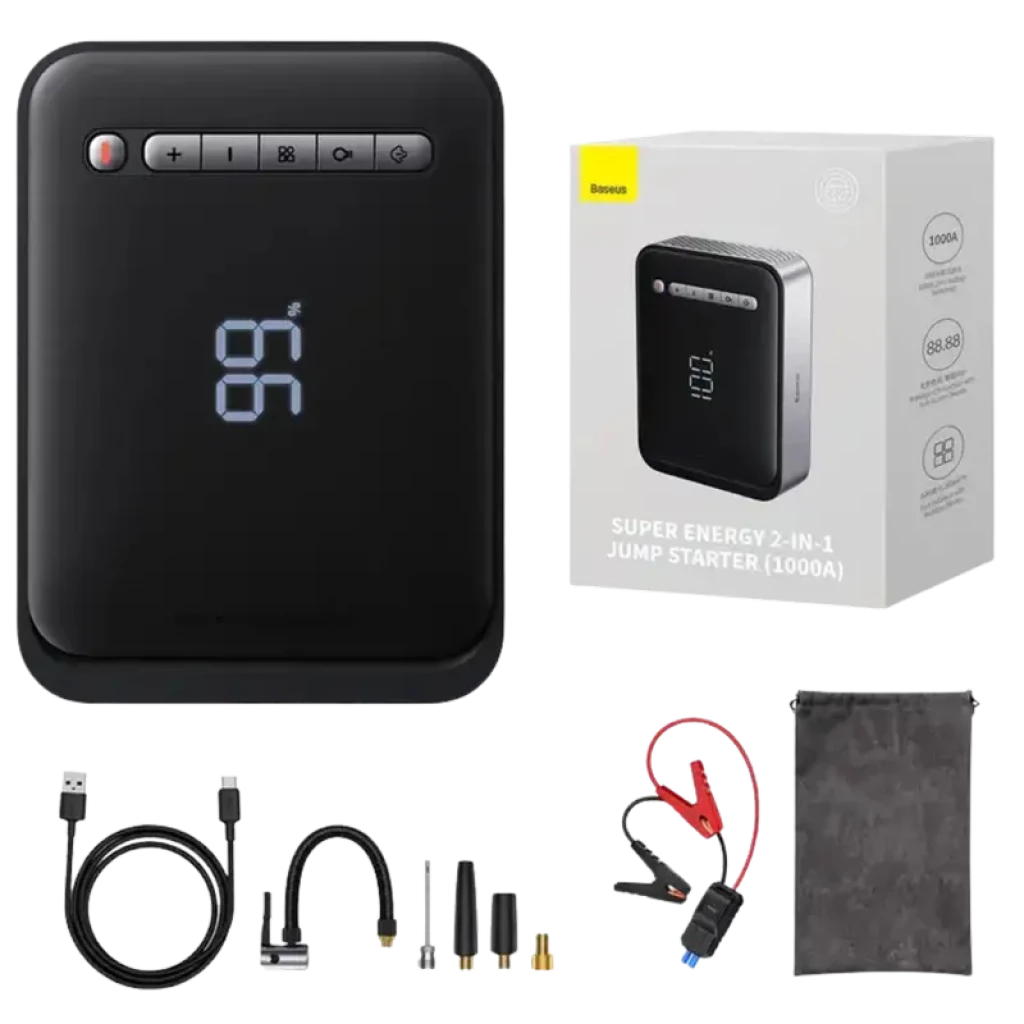 Arrancador y compresor 2 en 1 negro con pantalla LED, botones superiores, pinzas de arranque, cables y adaptadores incluidos; compacto y portátil 8000 mAh