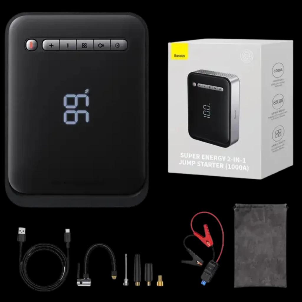 Arrancador y compresor 2 en 1 negro con pantalla LED, botones superiores, pinzas de arranque, cables y adaptadores incluidos; compacto y portátil 8000 mAh
