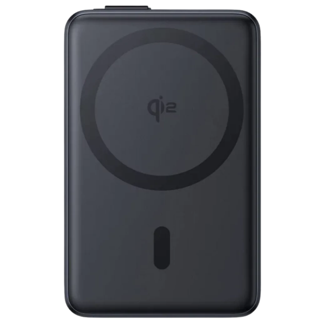 Batterie externe noire compacte avec anneau magnétique Qi2 centré et indicateur LED vertical, finition mate élégante, port USB C 45 W, 10000 mAh