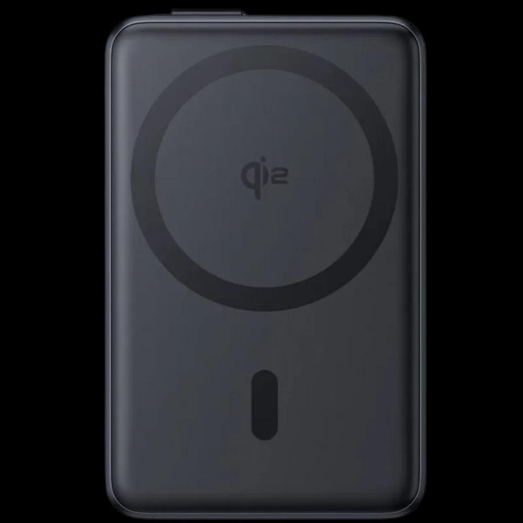 Batterie externe noire compacte avec anneau magnétique Qi2 centré et indicateur LED vertical, finition mate élégante, port USB C 45 W, 10000 mAh