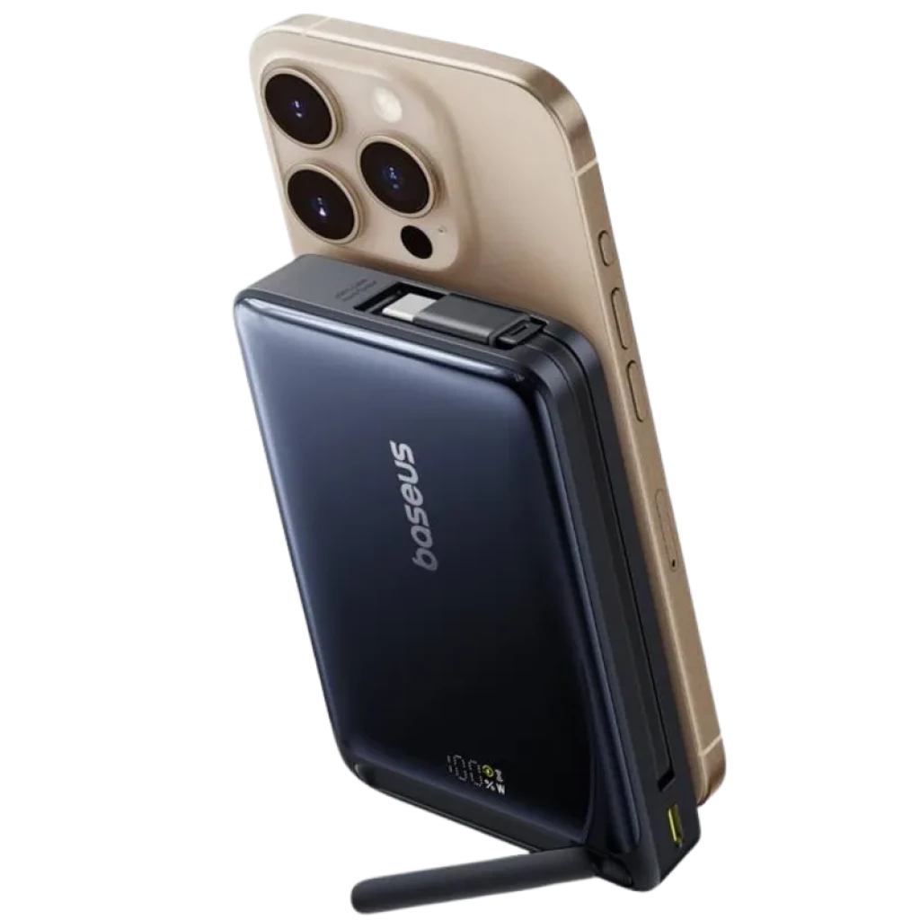 Baseus Nomos Qi2 powerbank magnétique 10000 mAh, compact noir brillant, support pliable intégré, USB C 45 W, indicateur LED, fixation arrière iPhone