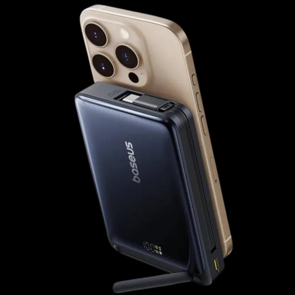 Baseus Nomos Qi2 powerbank magnétique 10000 mAh, compact noir brillant, support pliable intégré, USB C 45 W, indicateur LED, fixation arrière iPhone