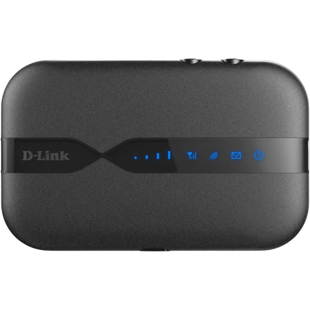 D-Link DWR-932 router móvil 4G compacto en negro, panel frontal con indicadores LED de señal, WiFi 2.4 GHz, batería interna y diseño portátil
