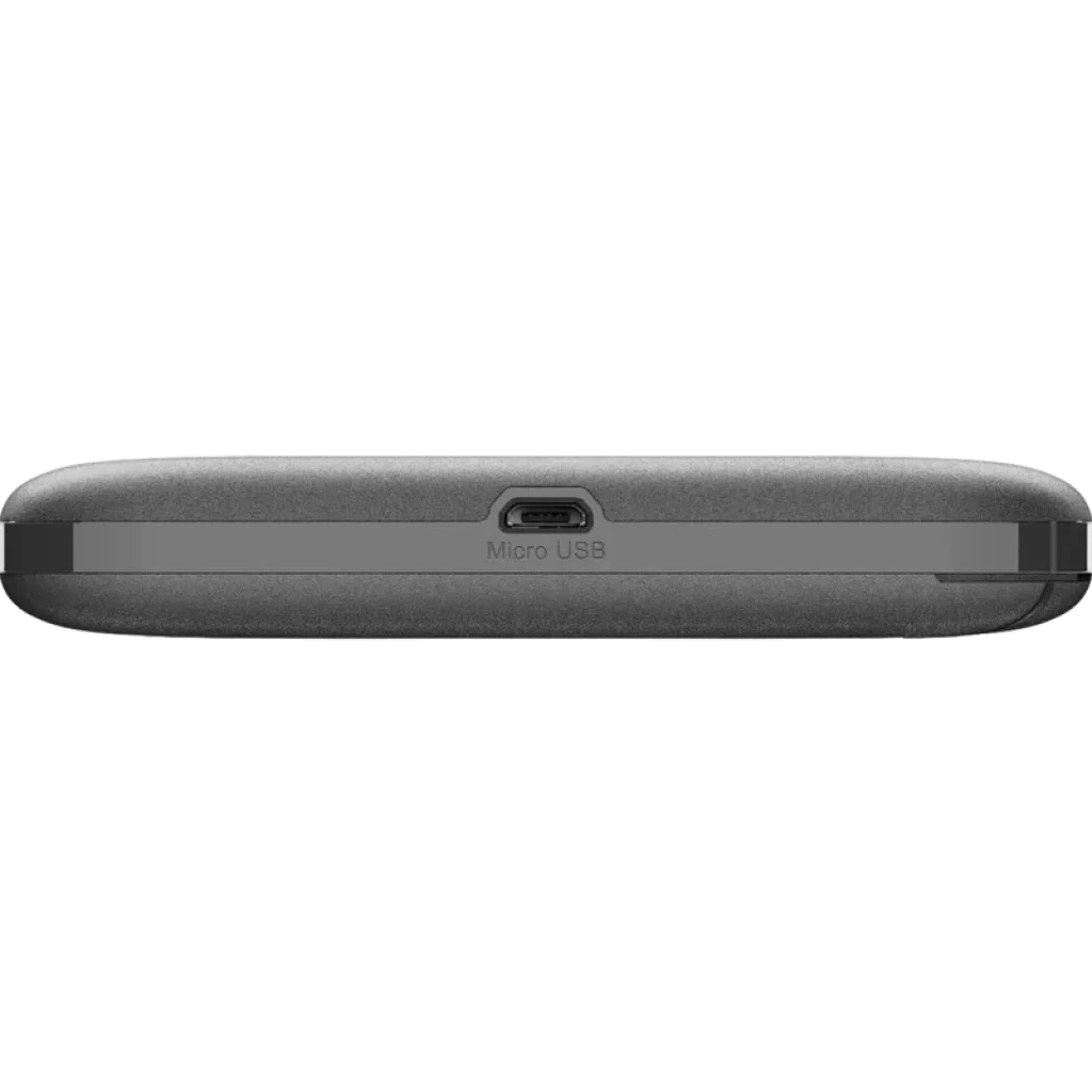 Vista inferior del D-Link DWR-932 con puerto Micro USB centrado, borde gris mate y diseño compacto portátil para router móvil 4G WiFi 2.4 GHz