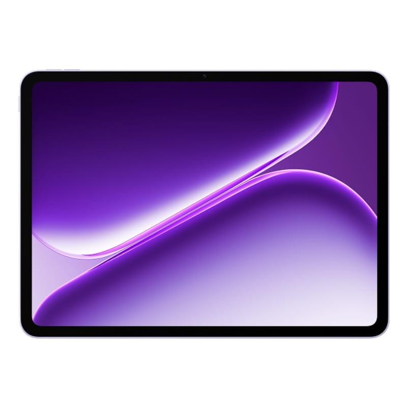Tablet Oneplus Pad Go 2 lavanda con pantalla 12,1 pulgadas, bordes delgados y marco negro; diseño minimalista, frontal con biseles uniformes y cámara