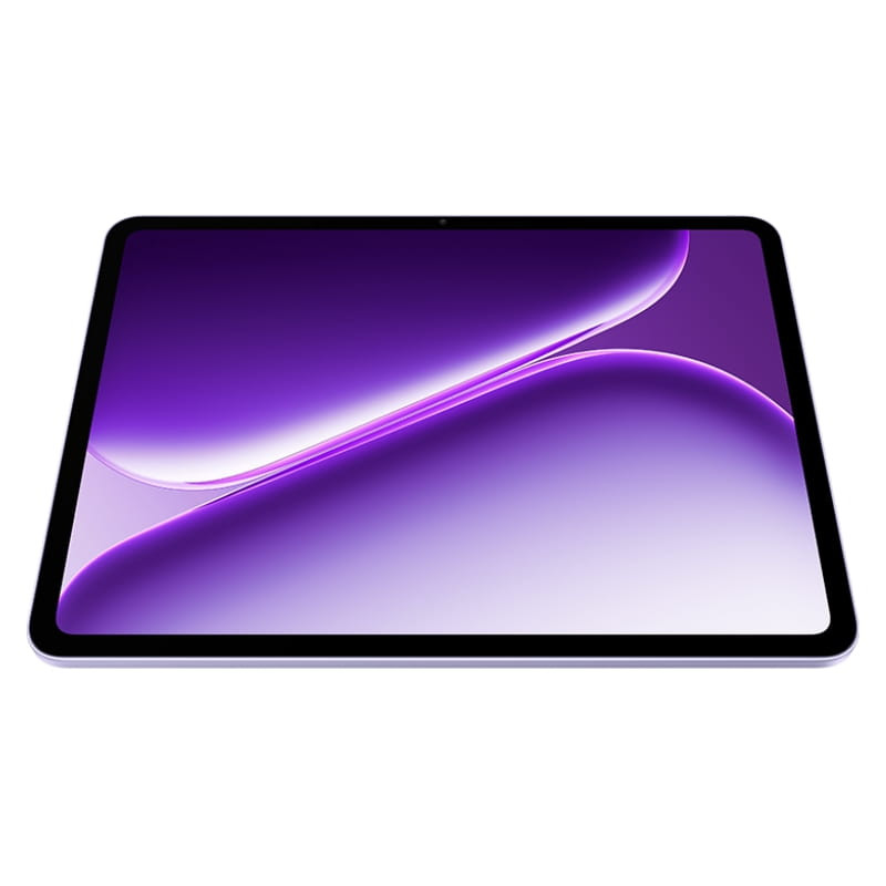 Tableta Oneplus Pad Go 2 lavanda con pantalla 12,1 pulgadas, bordes delgados y cámara frontal centrada; diseño elegante en tonos púrpura gradiente