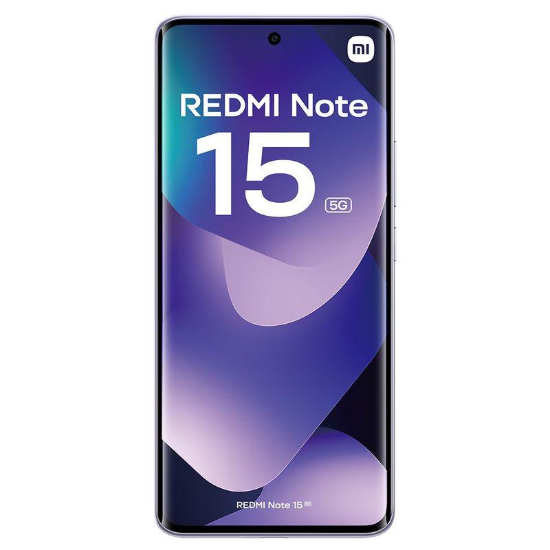 Xiaomi Redmi Note 15 5G púrpura, frontal con pantalla perforada centrada, bordes curvos y marco delgado. Texto Redmi Note 15 5G visible en la pantalla.