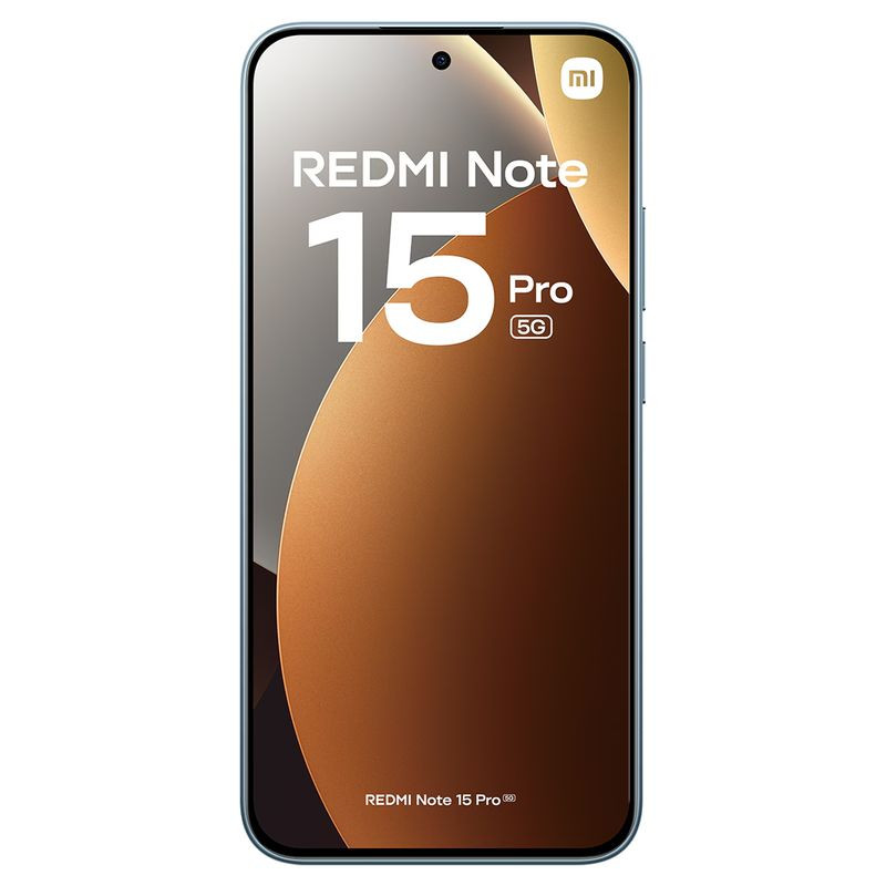 Xiaomi Redmi Note 15 Pro 5G azul com tela 1,5K AMOLED, bordas finas, câmera frontal central, 512 GB, 8 GB RAM, promessa de até 2 dias sem recarga