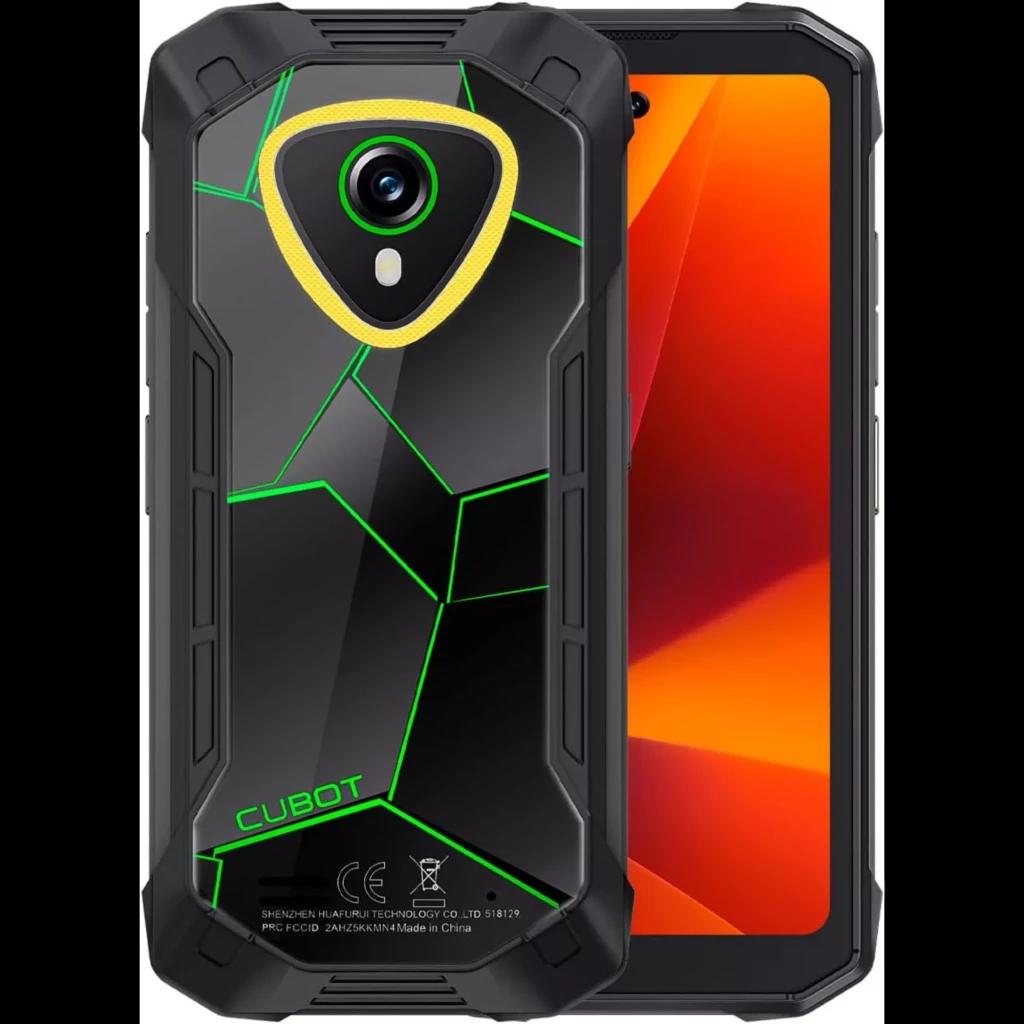 Smartphone rugerizado Cubot KingKong Mini 4 negro con detalles verde neón, carcasa robusta antigolpes, cámara trasera centrada y pantalla compacta bezeles