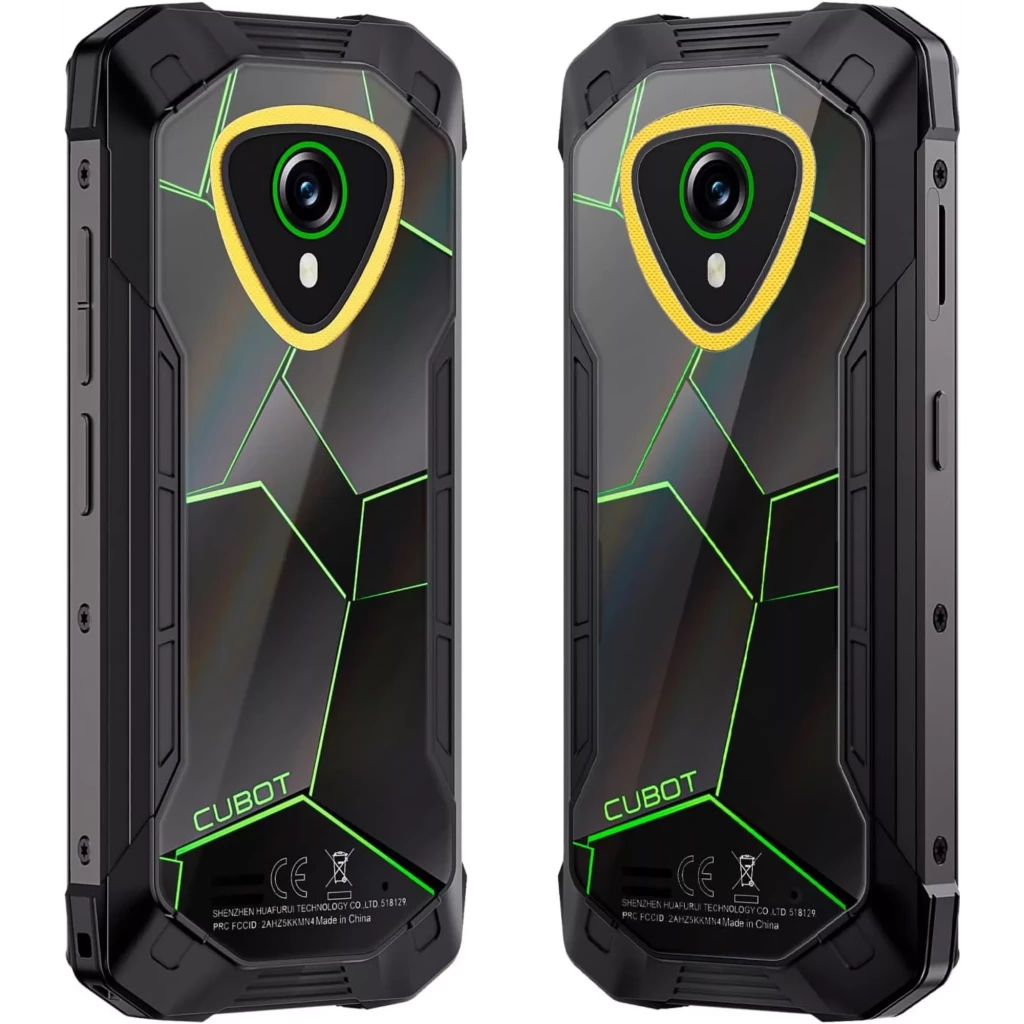 Cubot KingKong Mini 4 negro-verde con carcasa rugerizada, patrón geométrico brillante y marco reforzado; cámara trasera única con aro dorado central