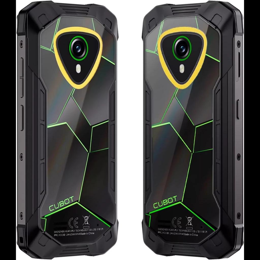 Cubot KingKong Mini 4 negro-verde con carcasa rugerizada, patrón geométrico brillante y marco reforzado; cámara trasera única con aro dorado central