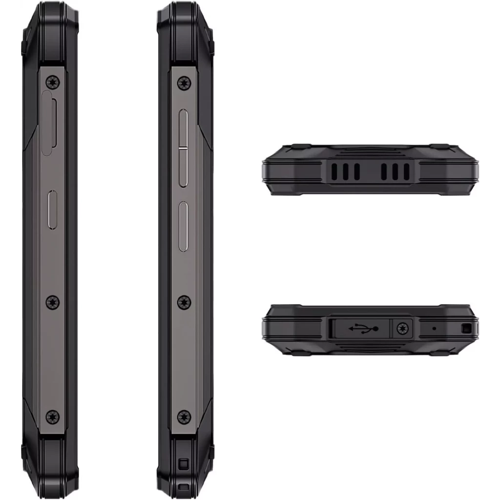 Laterales del Cubot KingKong Mini 4 Negro-Verde con chasis robusto, tornillos visibles, botones metálicos, rejillas de altavoz y puerto USB cubierto para