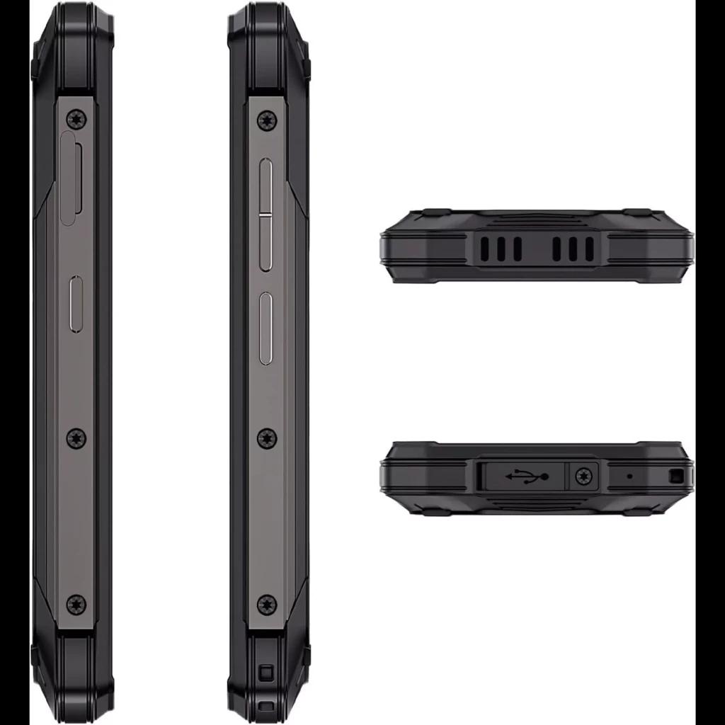 Laterales del Cubot KingKong Mini 4 Negro-Verde con chasis robusto, tornillos visibles, botones metálicos, rejillas de altavoz y puerto USB cubierto para