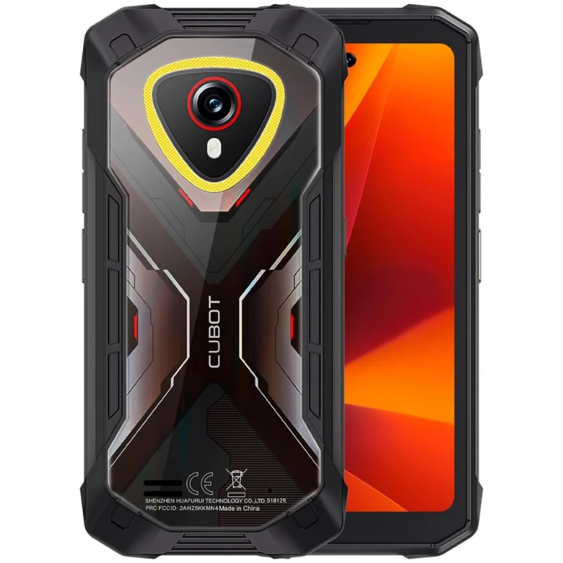 Smartphone rugerizado negro-gris con carcasa robusta, cámara trasera circular con detalles rojos y amarillos, pantalla compacta y diseño X transparente