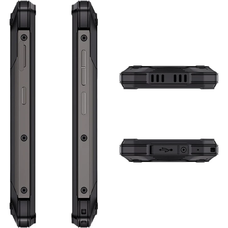 Cubot KingKong Mini 4 negro-gris, compacto y robusto. Laterales metálicos con tornillos visibles, botones físicos, USB sellado y rejillas de altavoz