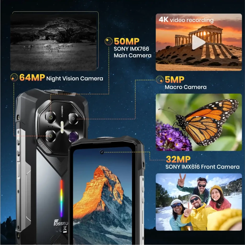 Fossibot F113 gris rugerizado, 256GB y 12GB RAM; cámaras: 64MP visión nocturna, 50MP principal IMX766, 5MP macro, 32MP frontal IMX616, video 4K