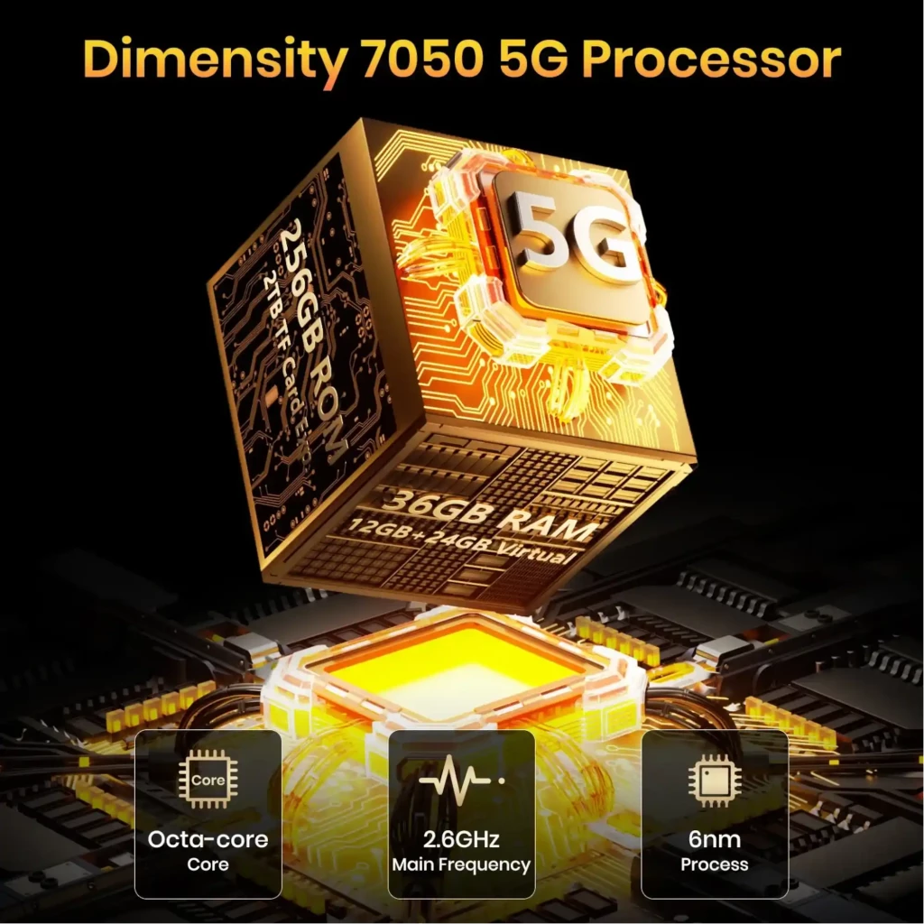 Fossibot F113 256GB gris rugged con 12GB RAM; destaca chip Dimensity 7050 5G, octa-core, 2.6GHz y proceso 6nm con efecto dorado y diseño tecnológico