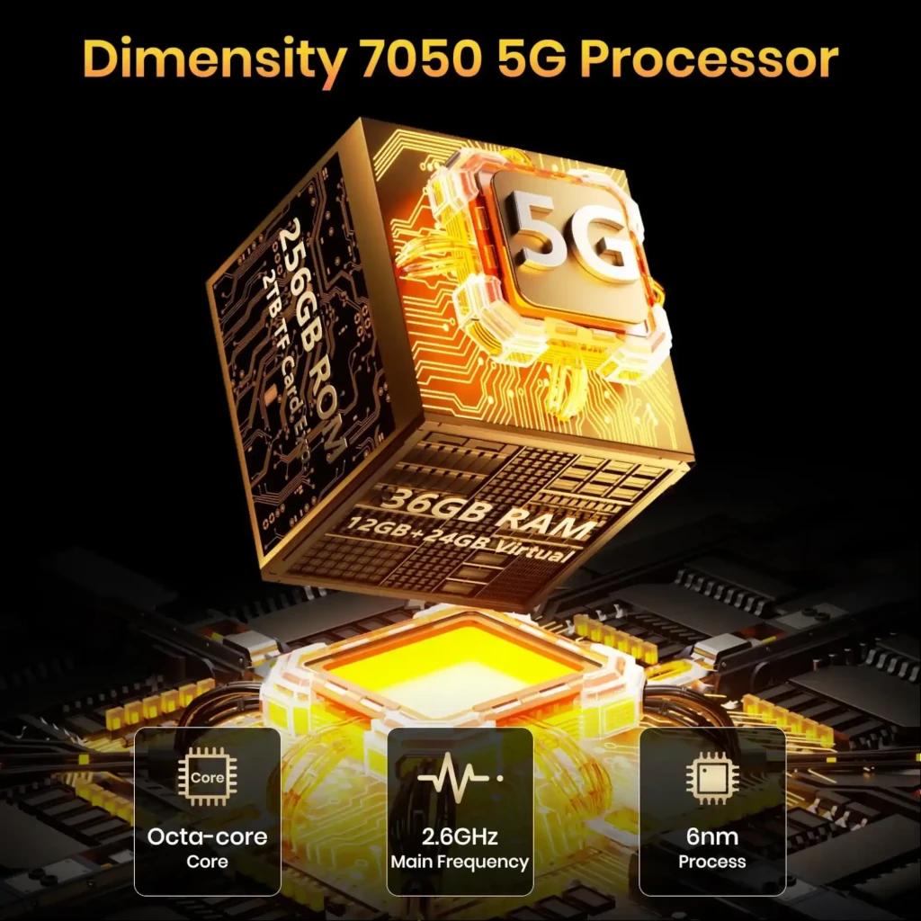 Fossibot F113 256GB gris rugged con 12GB RAM; destaca chip Dimensity 7050 5G, octa-core, 2.6GHz y proceso 6nm con efecto dorado y diseño tecnológico