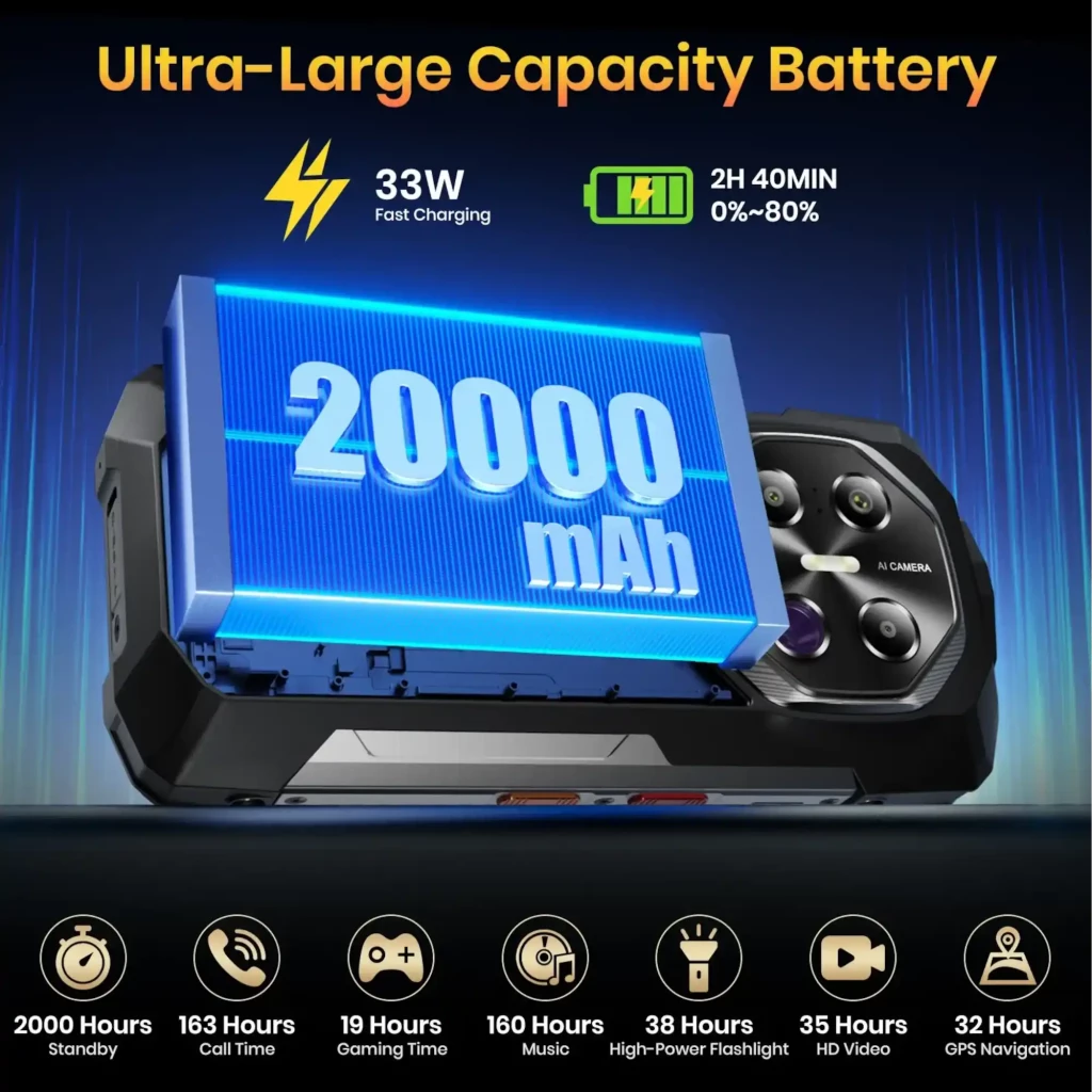 Fossibot F113 256GB gris, smartphone rugerizado con batería 20000 mAh, carga 33W, cámara con visión nocturna y 12GB RAM, linterna potente y panel trasero