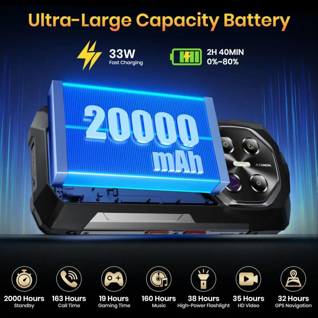 Fossibot F113 256GB gris, smartphone rugerizado con batería 20000 mAh, carga 33W, cámara con visión nocturna y 12GB RAM, linterna potente y panel trasero