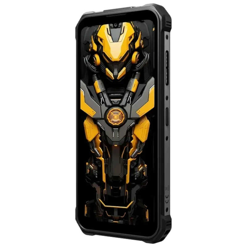 Fossibot F110L 128GB Negro, teléfono rugerizado con marco robusto, botones laterales y diseño frontal negro y amarillo tipo mecánico; altavoz 128 dB, 4GB RAM