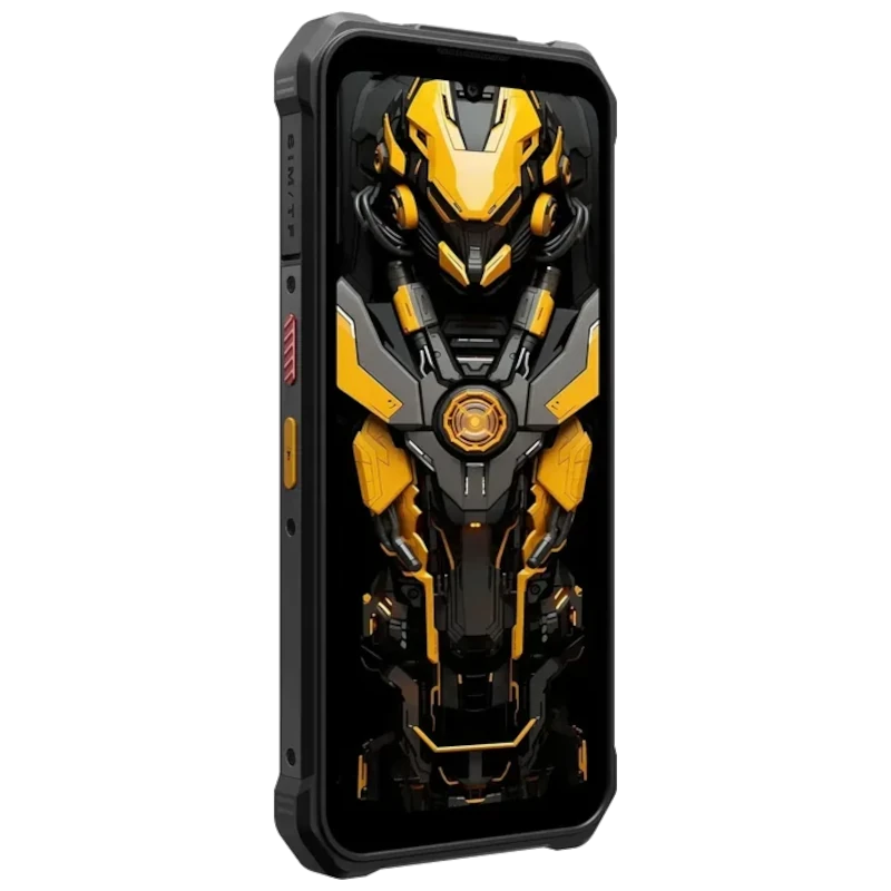 Fossibot F110L negro, smartphone rugerizado con borde reforzado, pantalla con diseño futurista amarillo y negro, botones laterales y puertos protegidos