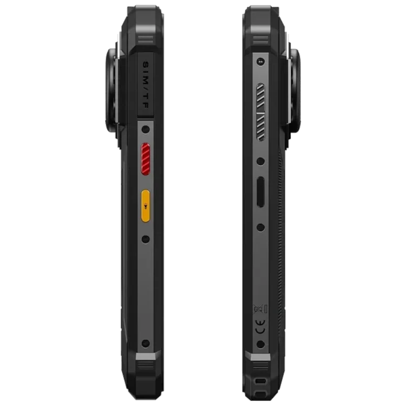 Fossibot F110L negro robusto con ranura SIM/TF, botones laterales texturizados, altavoz 128 dB, 128GB y 4GB RAM; diseño resistente con bordes reforzados