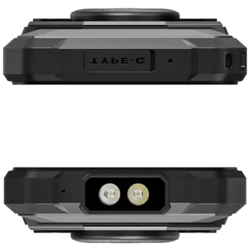 Fossibot F110L negro robusto con puerto USB‑C sellado y doble LED frontal; diseño rugerizado, bordes reforzados, 128GB y 4GB RAM, altavoz hasta 128 dB