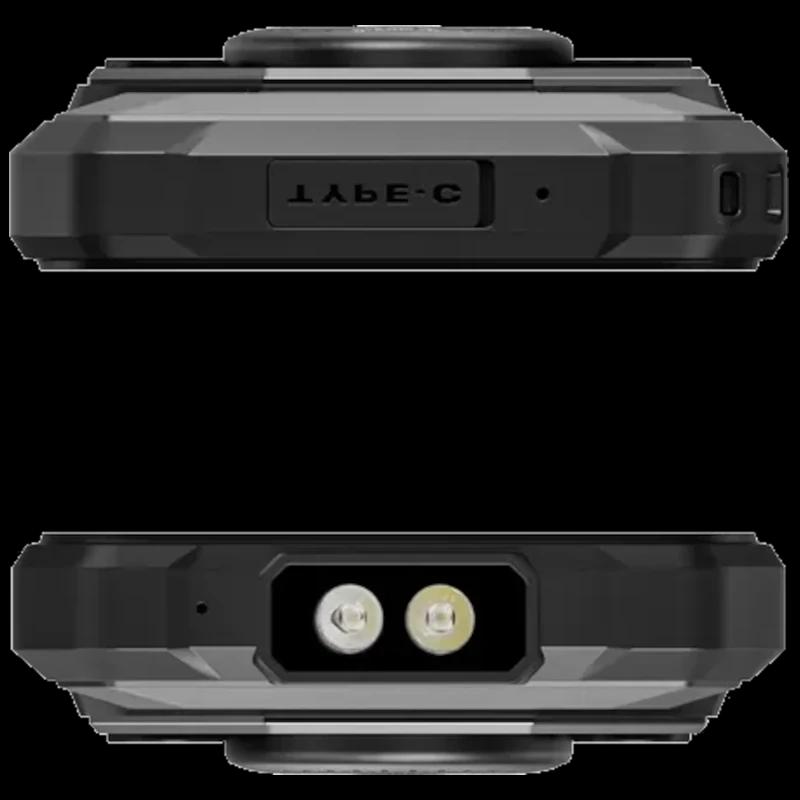 Fossibot F110L negro robusto con puerto USB‑C sellado y doble LED frontal; diseño rugerizado, bordes reforzados, 128GB y 4GB RAM, altavoz hasta 128 dB