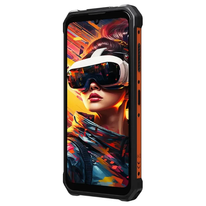 Vista a 45 grados del Fossibot F110L color naranja con boton de encendido y control de volumen, biseles negros