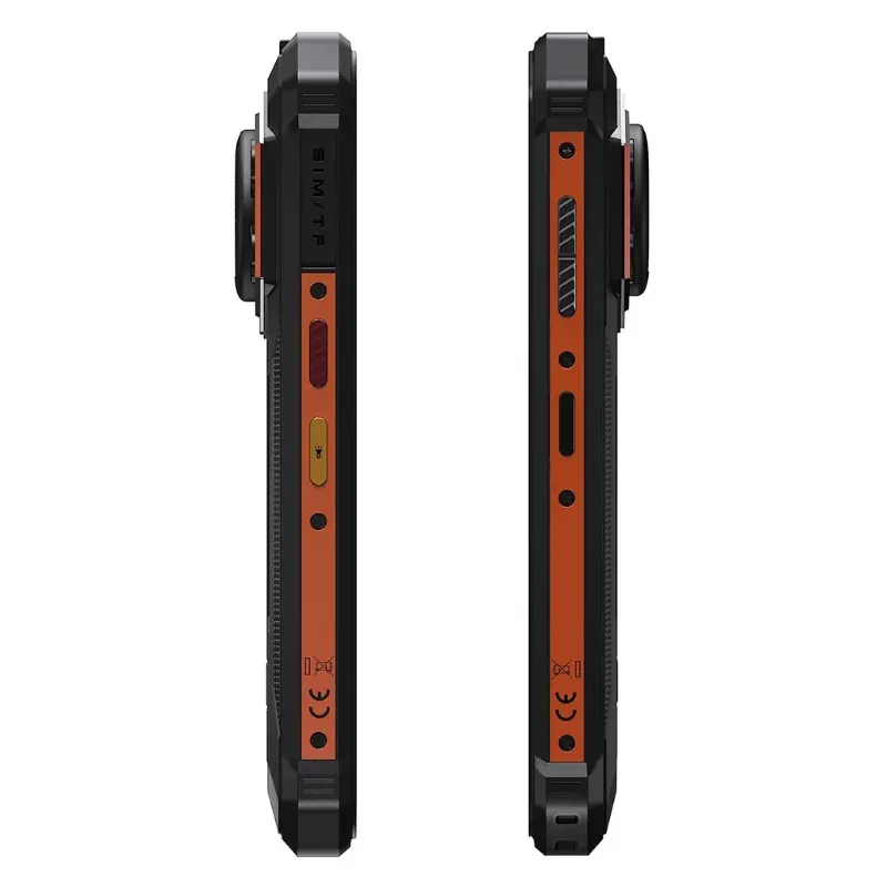 Vista lateral de ambos lados del Fossibot F110L en color naranja, se distingue el botón de encendido, control de volumen y tecla especial