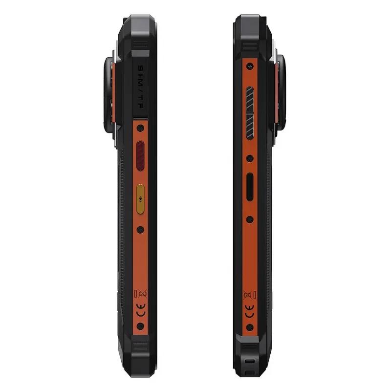 Vista lateral de ambos lados del Fossibot F110L en color naranja, se distingue el botón de encendido, control de volumen y tecla especial