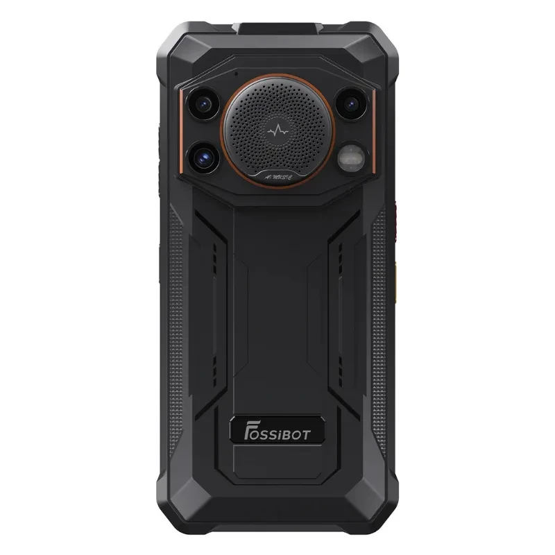 Vista trasera del Fossibot F110L negro con detalles en naranja, se observan las cámaras, el altavoz y el logo de la marca