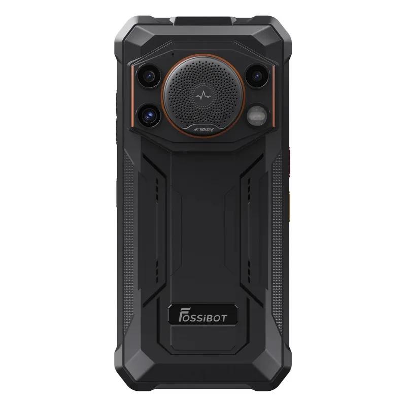 Vista trasera del Fossibot F110L negro con detalles en naranja, se observan las cámaras, el altavoz y el logo de la marca