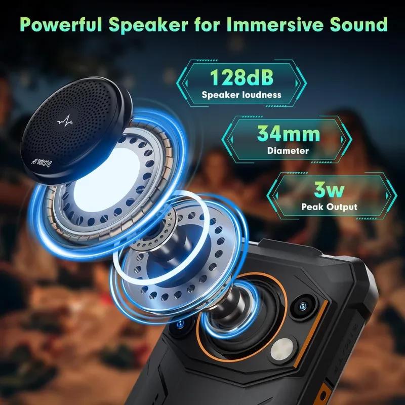 Imagen ilustrativa del altavoz integrado en el Fossibot F110L con detalles de estructura interna y datos sobre potencia, diámetro